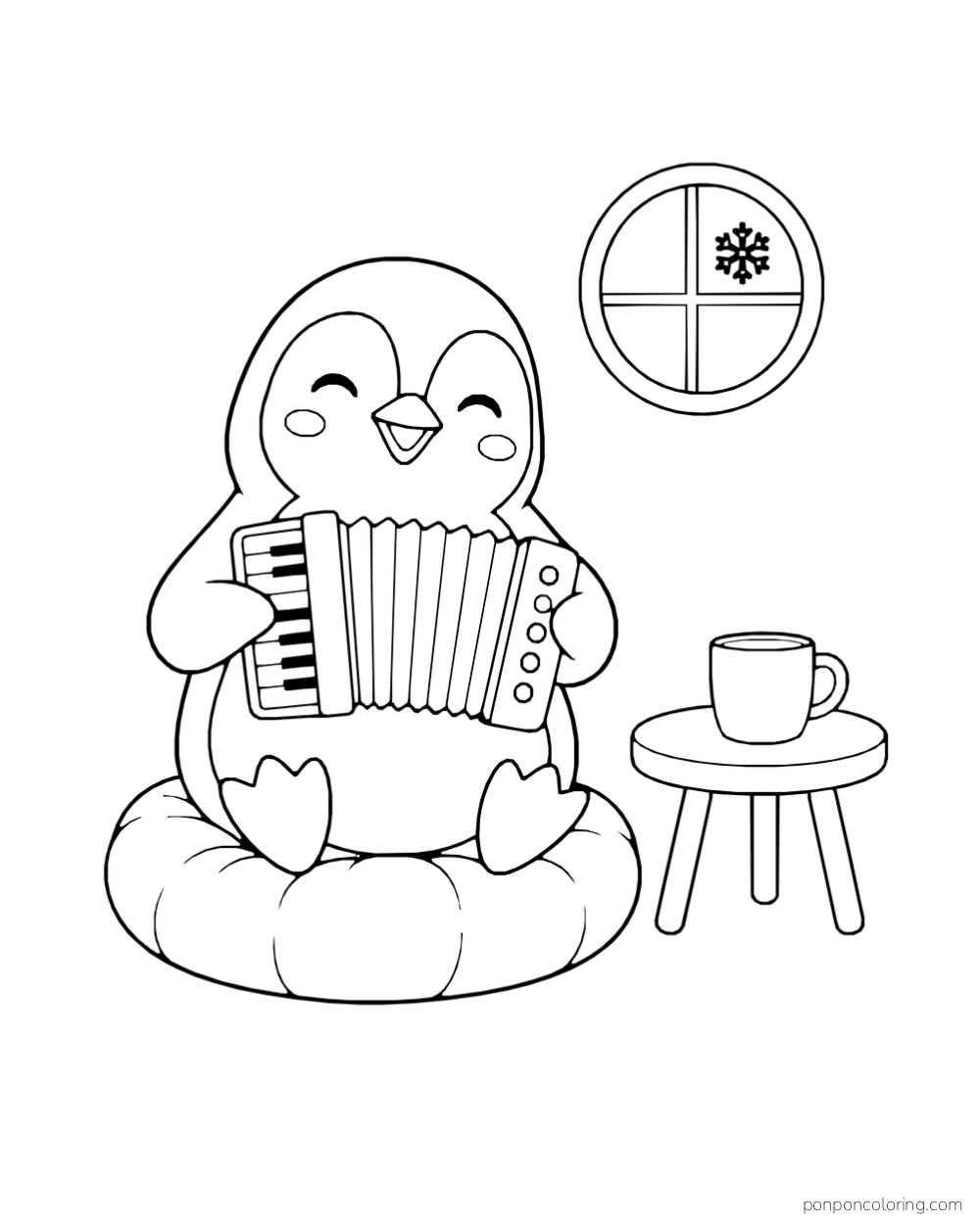 A penguin plays a small accordion while sitting on a round cushion beside a cup and a round window.