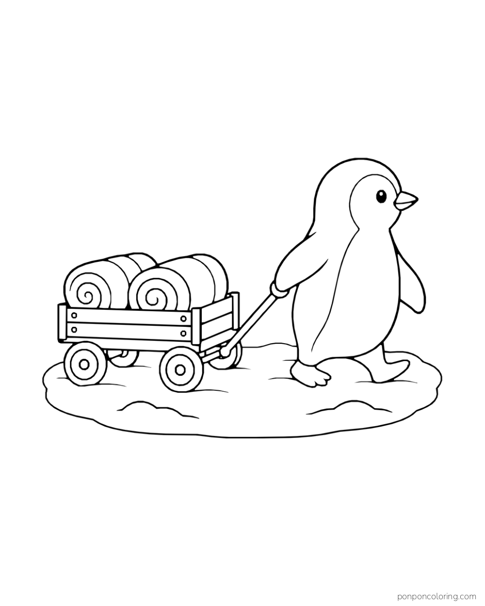 A penguin pulls a small wagon holding two rolled blankets across the snow.