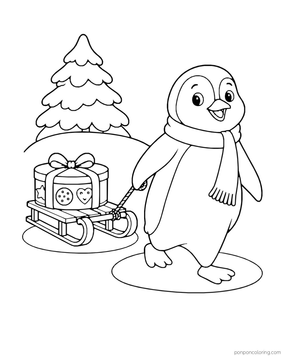 A penguin stands beside a small sled carrying a wrapped cookie tin near a tree.