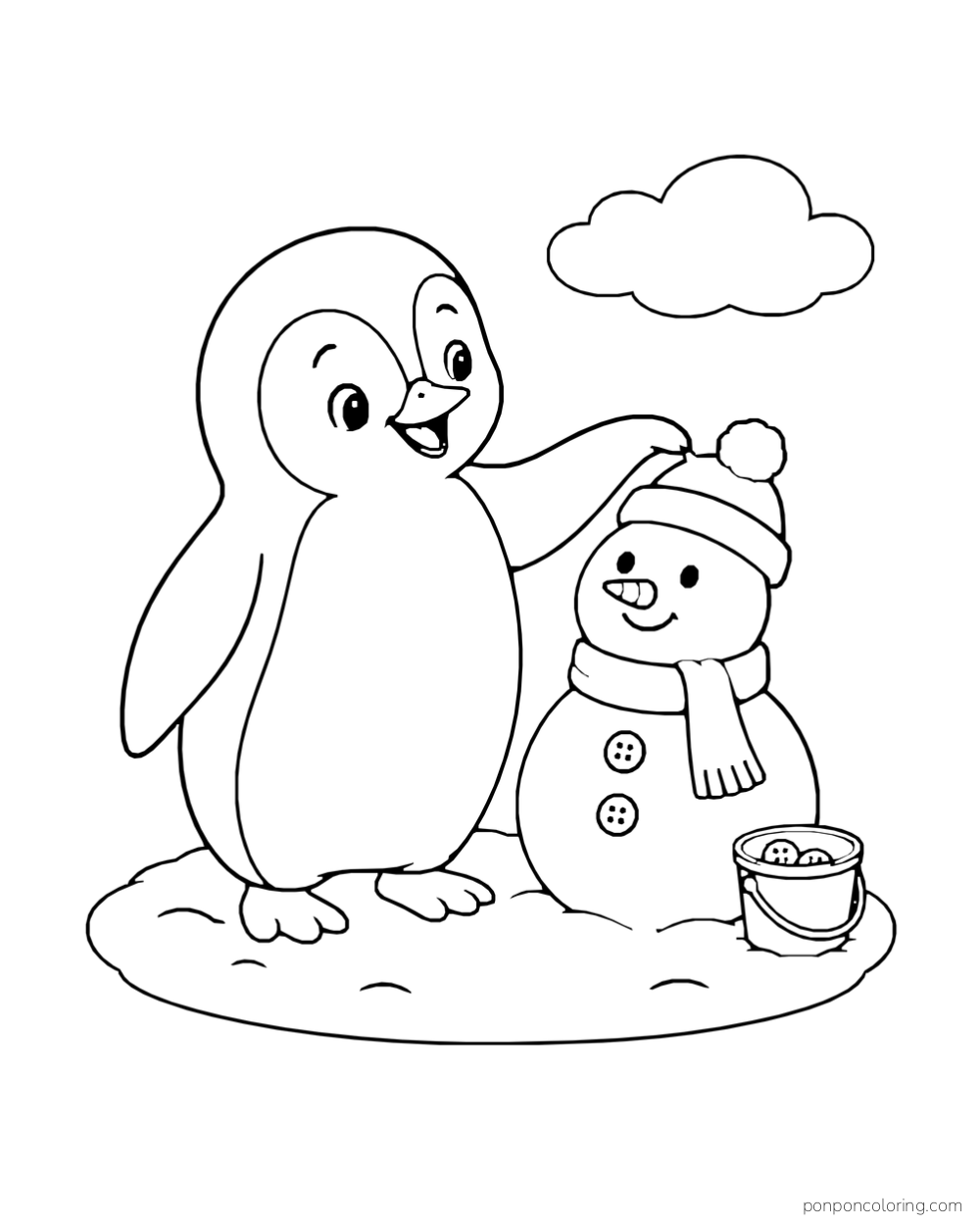 A penguin reaches up to place a knit hat on a small snowman with a scarf and button bucket.