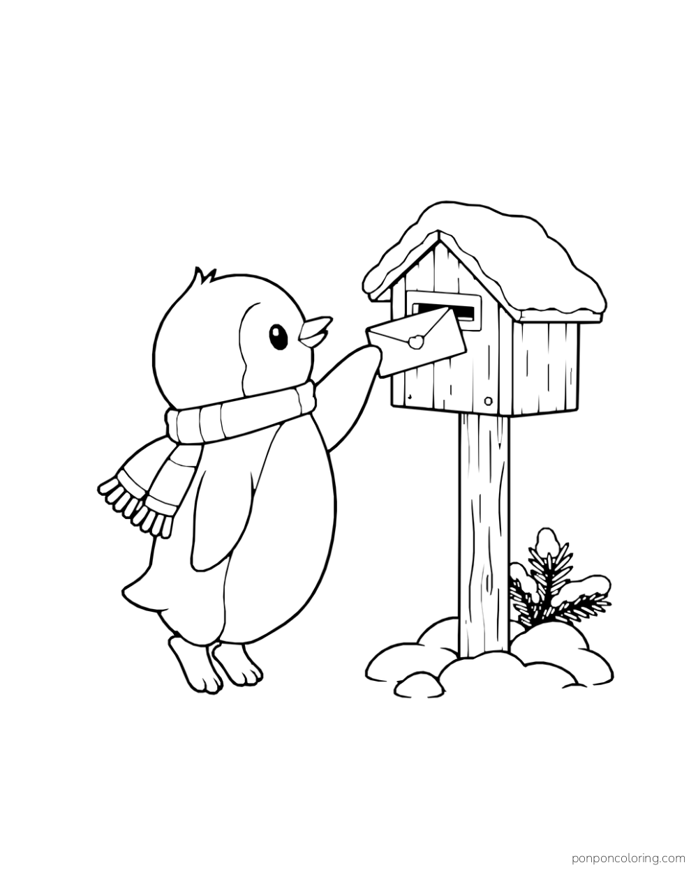 A scarf-wearing penguin slips an envelope into a wooden mailbox beside a small fir tree.