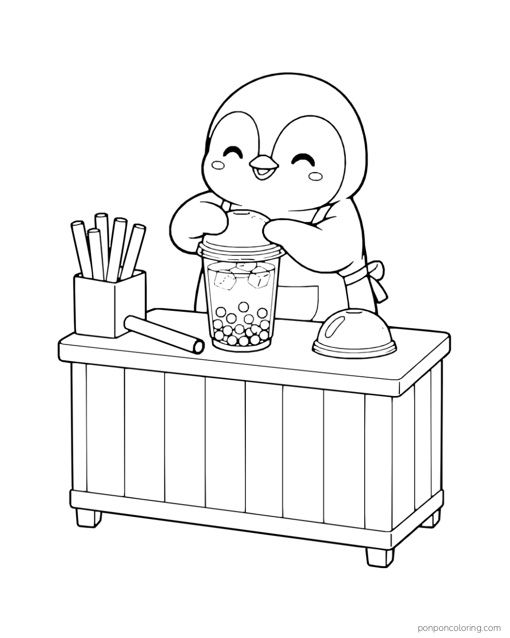 A penguin fits a lid onto a boba cup at a counter with a straw holder.