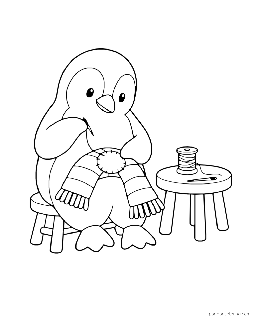A seated penguin sews a round patch onto a striped scarf beside a stool with a spool of thread.