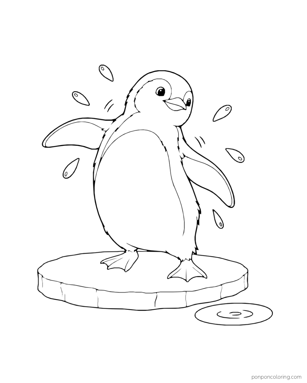 A penguin stands on a small floe shaking drops from its flippers beside a puddle.