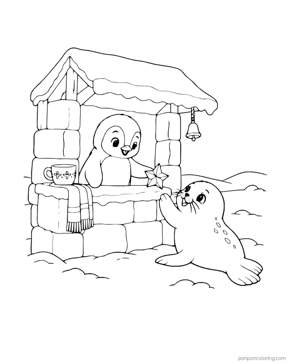 A penguin offers a folded star through a hut window to a seal outside.