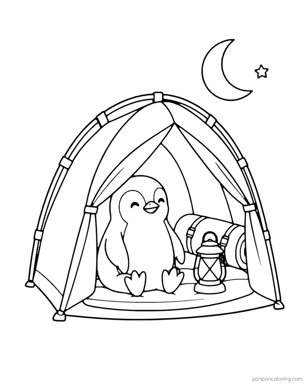 A penguin sits inside an open tent beside a lantern and rolled bedding beneath a crescent moon.