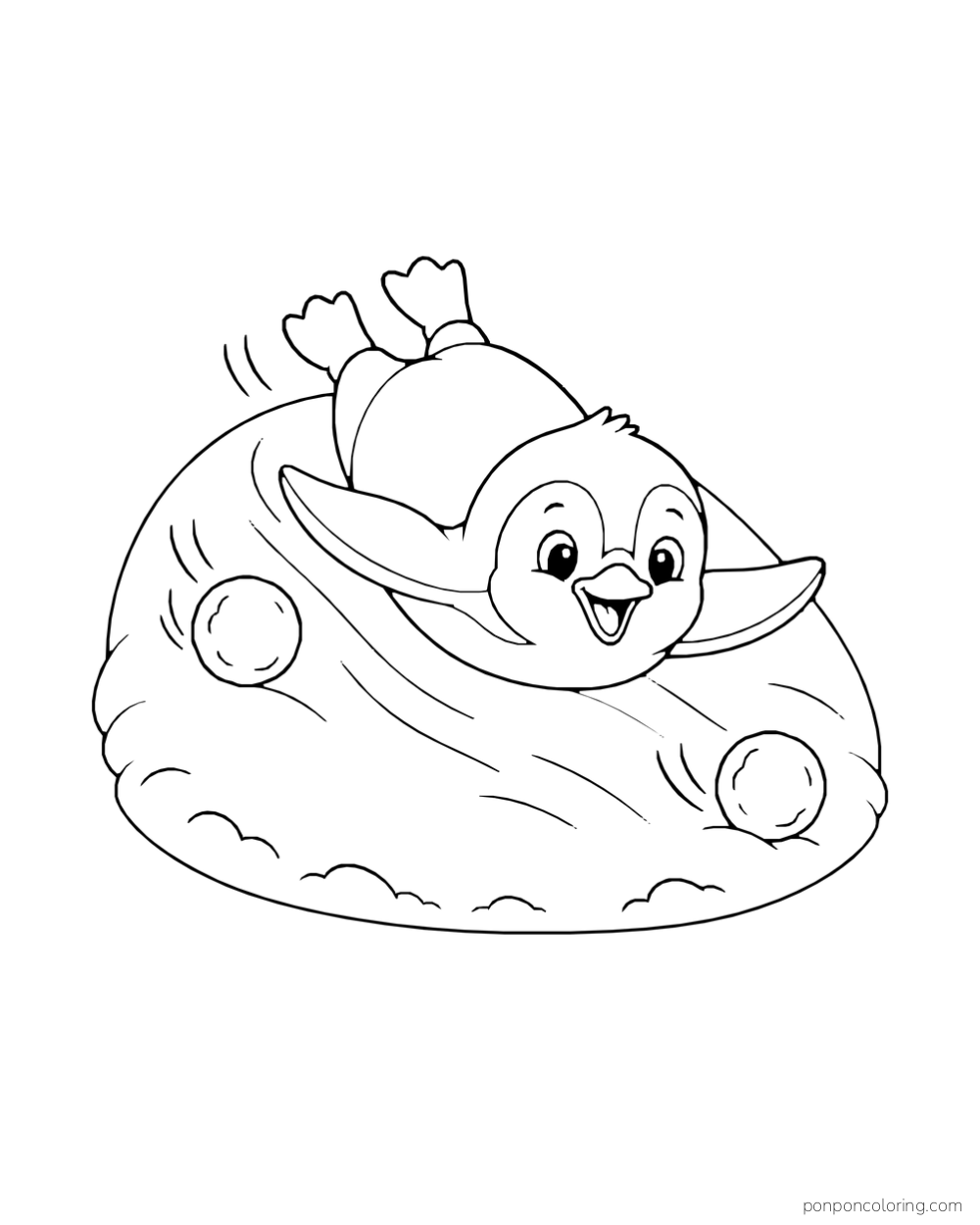 A penguin slides belly-first down a rounded snow mound with two snowballs nearby.