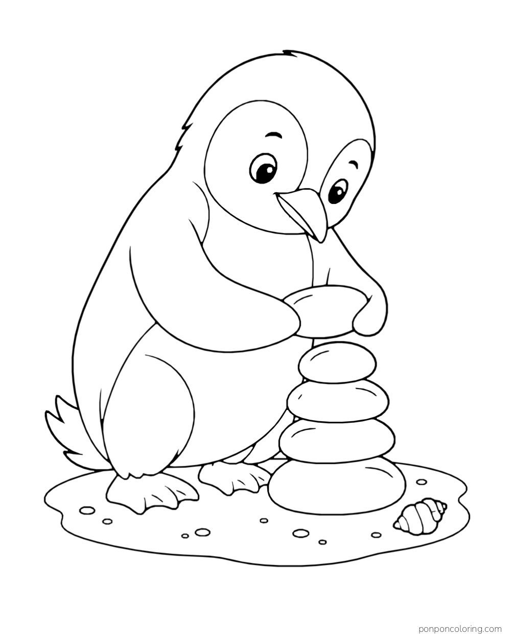 A penguin holds a smooth pebble above a short stack of stones on a small shore patch.