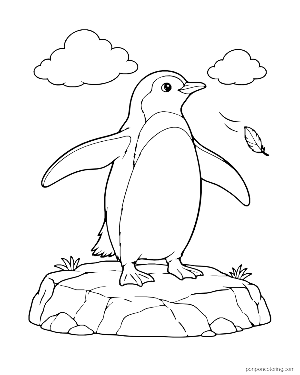 A penguin stands with flippers spread on a rocky ledge beneath two clouds.