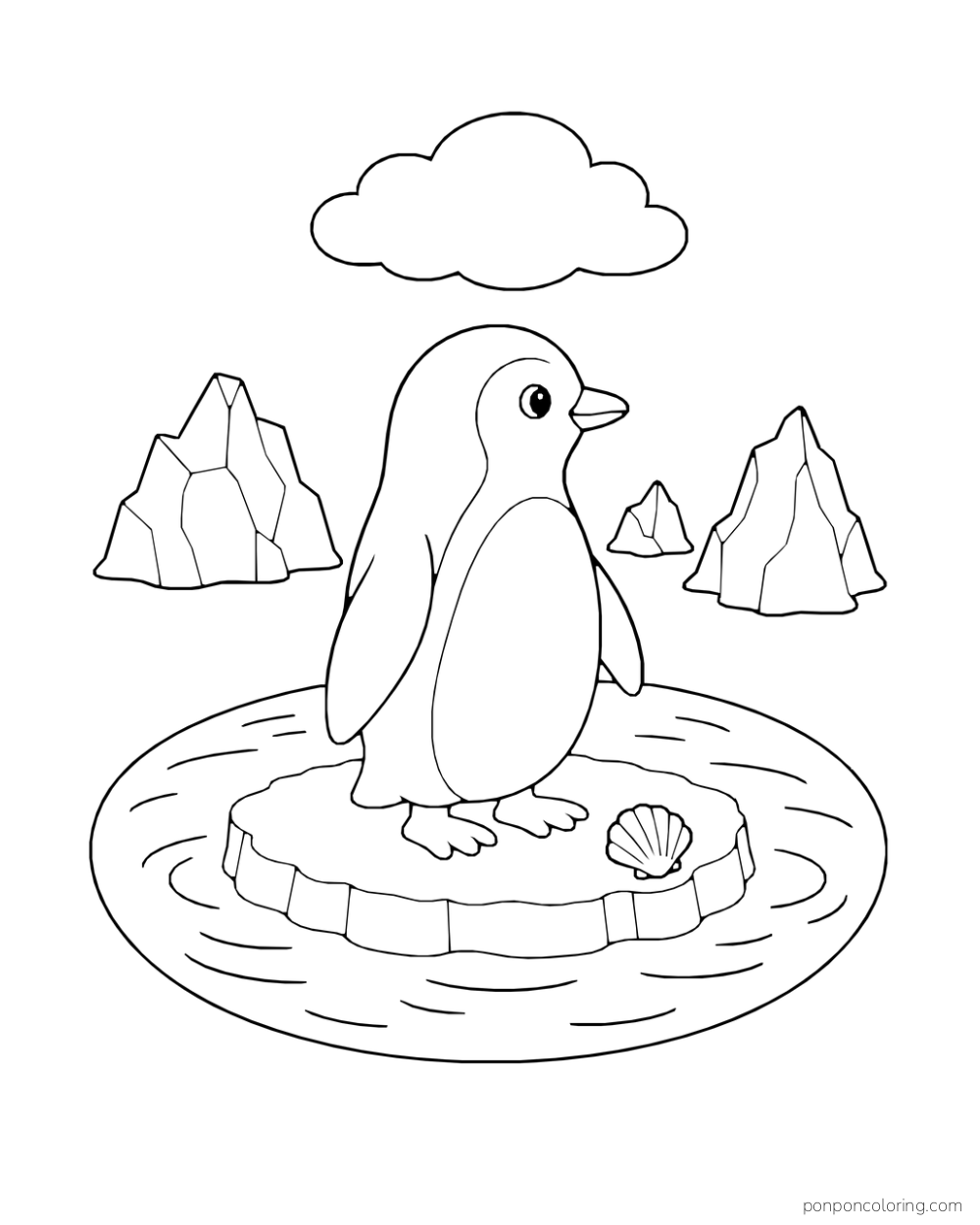 A penguin stands alone on a small ice floe with a shell near its feet and icebergs behind.