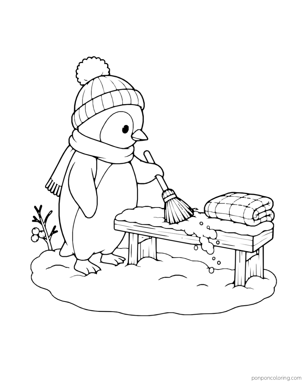 A scarf-wearing penguin uses a small broom to brush snow from a wooden bench.