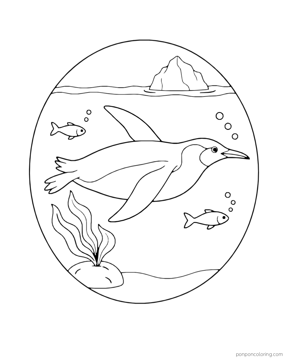 A penguin swims underwater between two fish, seaweed, and an iceberg above the surface.