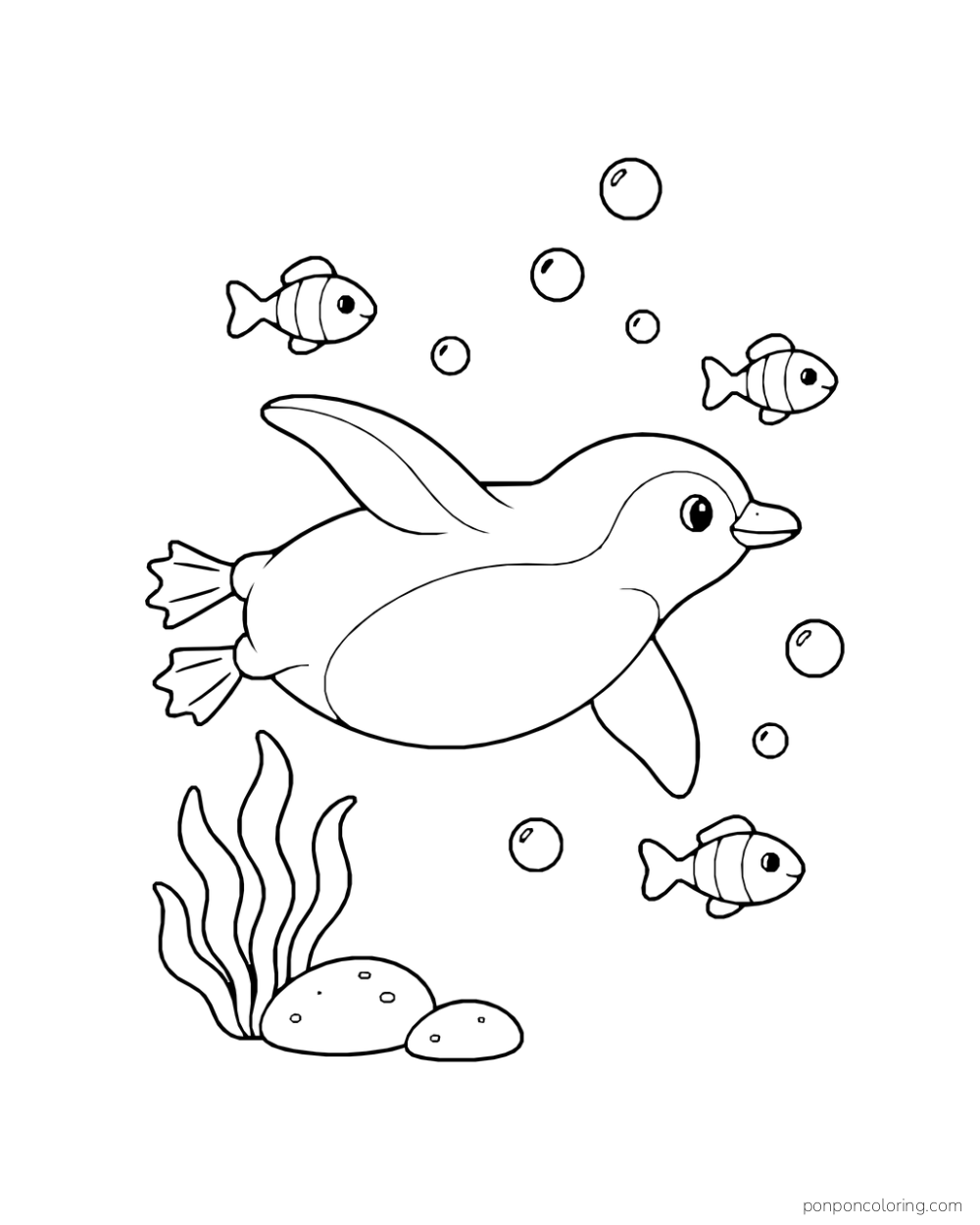 A penguin swims underwater among three fish, bubbles, seaweed, and rocks.