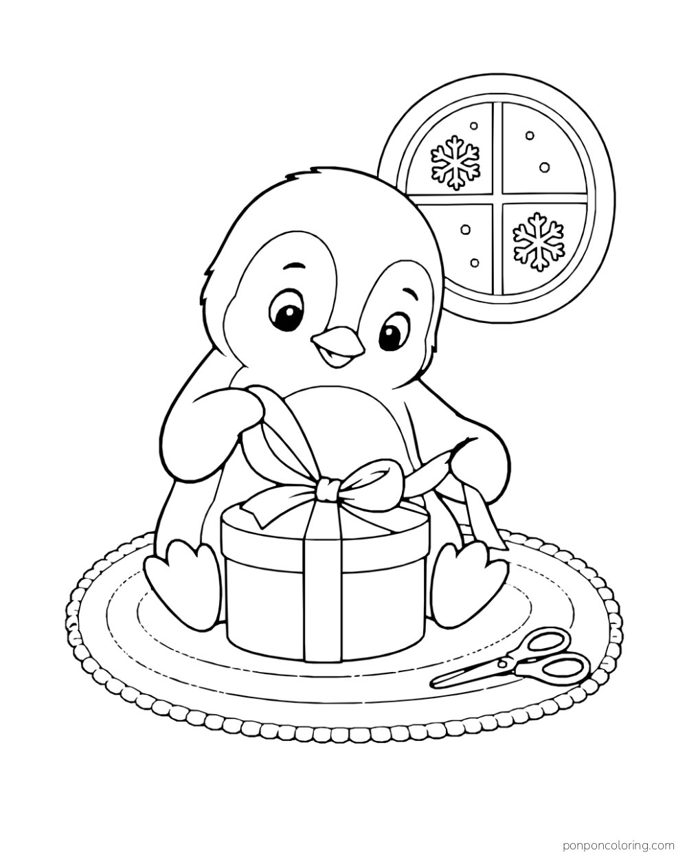 A penguin sits beside a round gift box, tying its wide ribbon into a bow with scissors nearby.