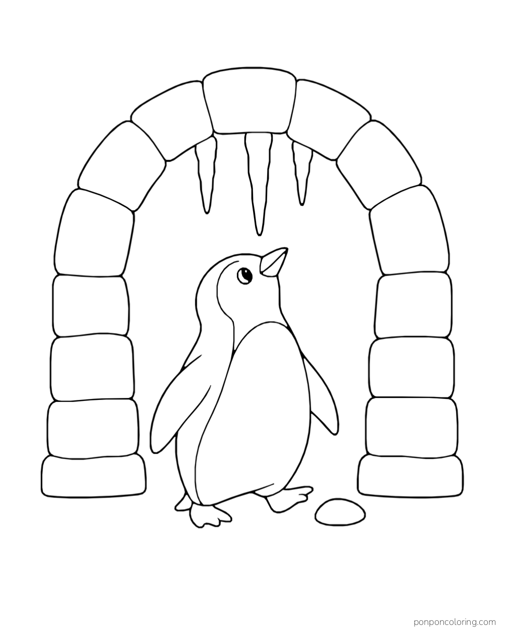 A penguin looks up at three icicles hanging from a rounded arch of ice blocks.