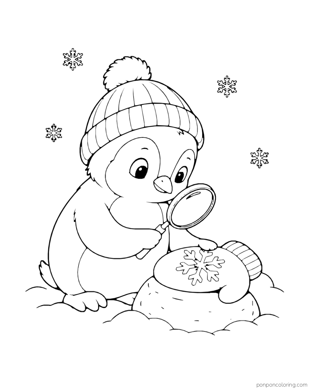 A penguin in a knit hat examines a snowflake on a mitten with a magnifying glass.