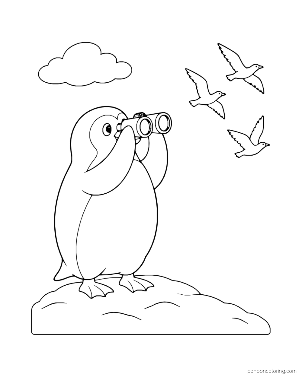 A penguin looks through binoculars at three flying birds above a snowy rise.