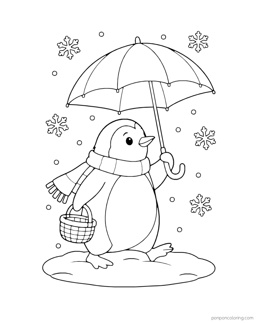 A scarf-wearing penguin carries an umbrella and small basket as snowflakes fall.