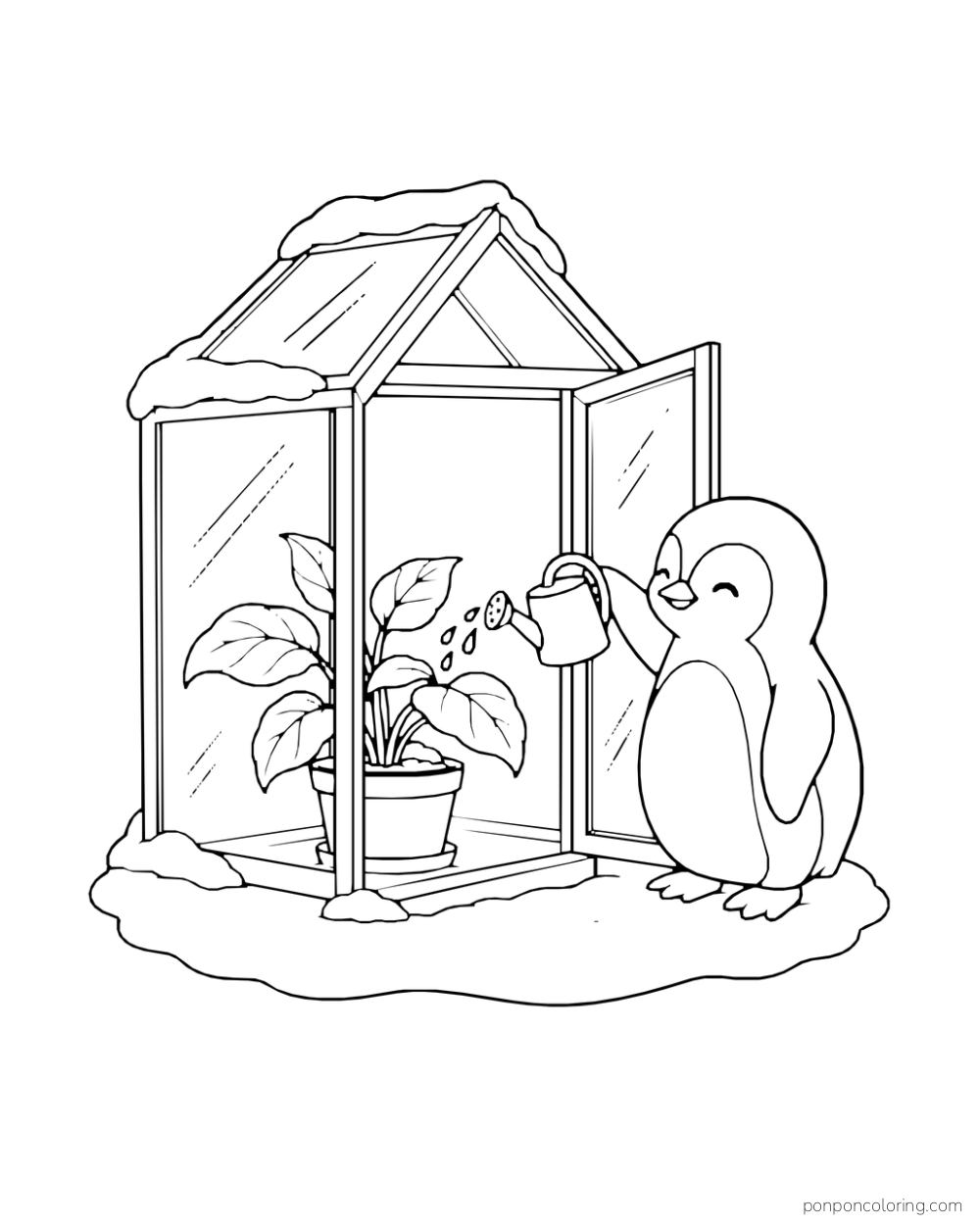 A penguin waters a broad-leafed potted plant inside a small glass greenhouse.