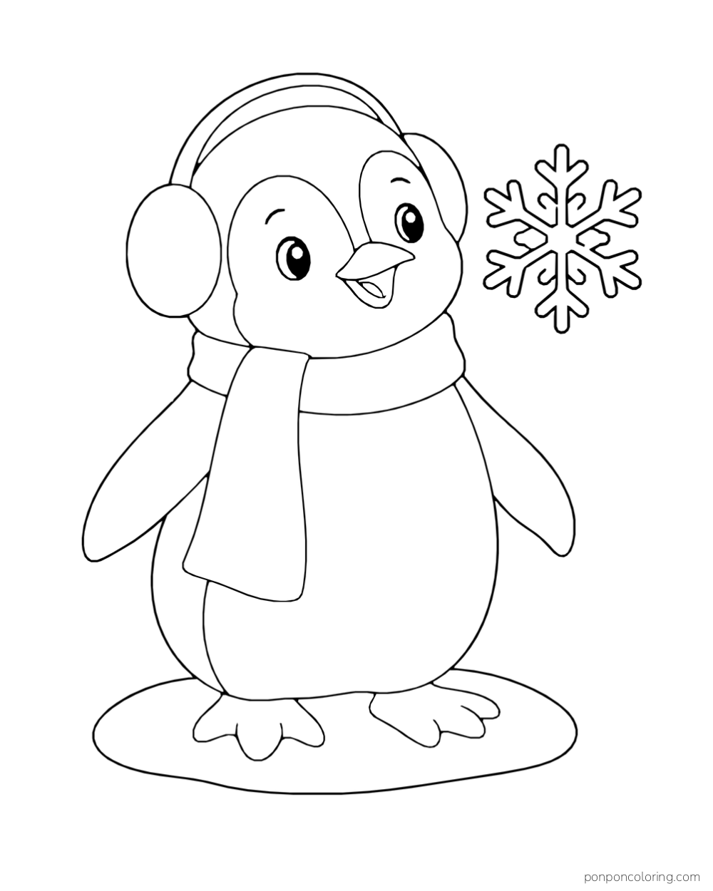 A penguin in round earmuffs and a long scarf stands beside a large snowflake.
