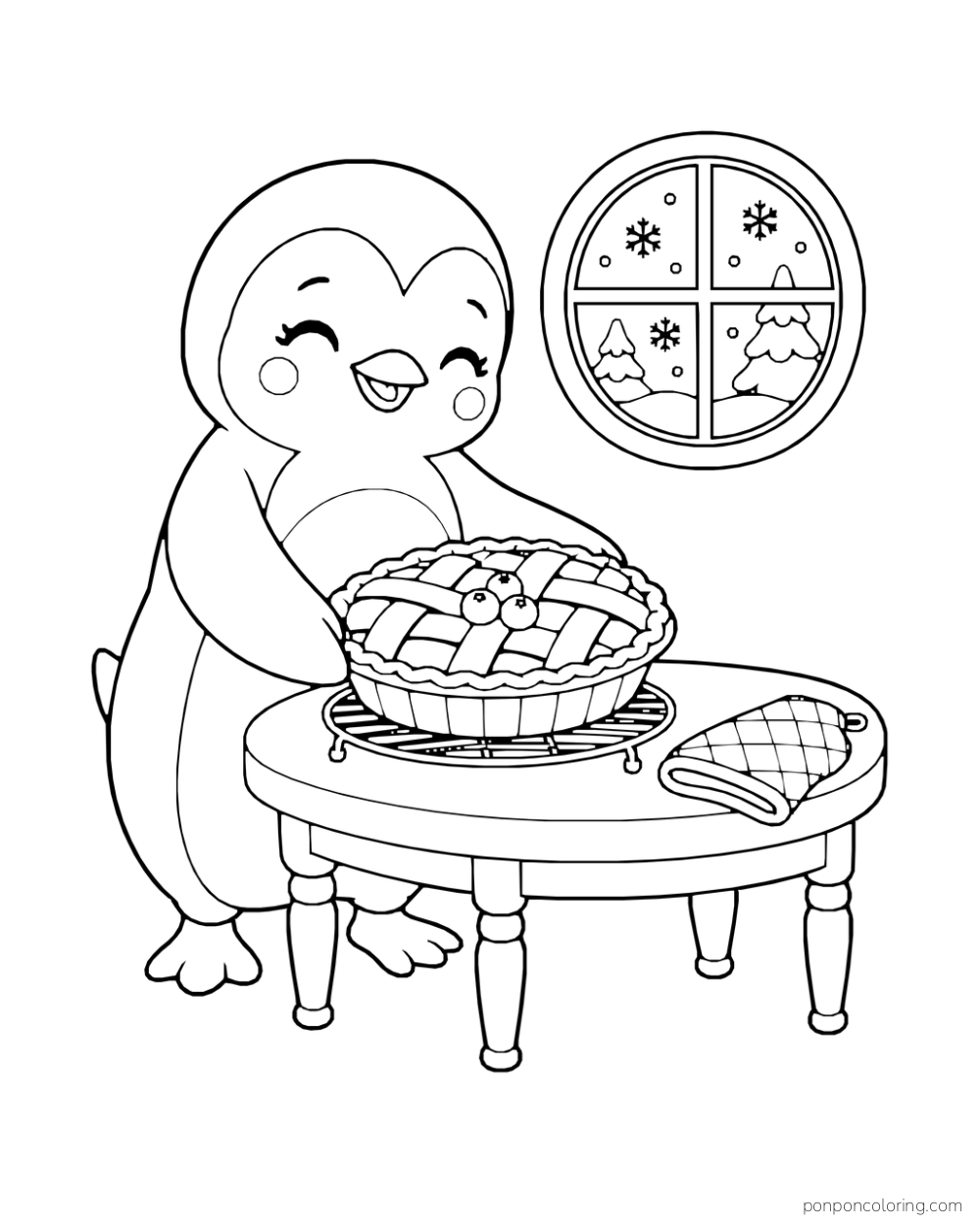 A penguin sets a lattice-topped pie on a small table beside an oven mitt.