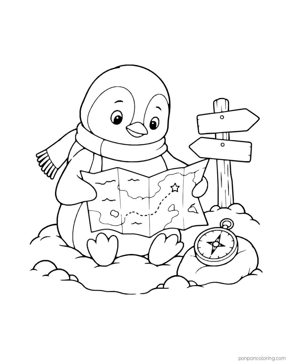 A scarf-wearing penguin sits beside a signpost holding an open map, with a compass on the snow.