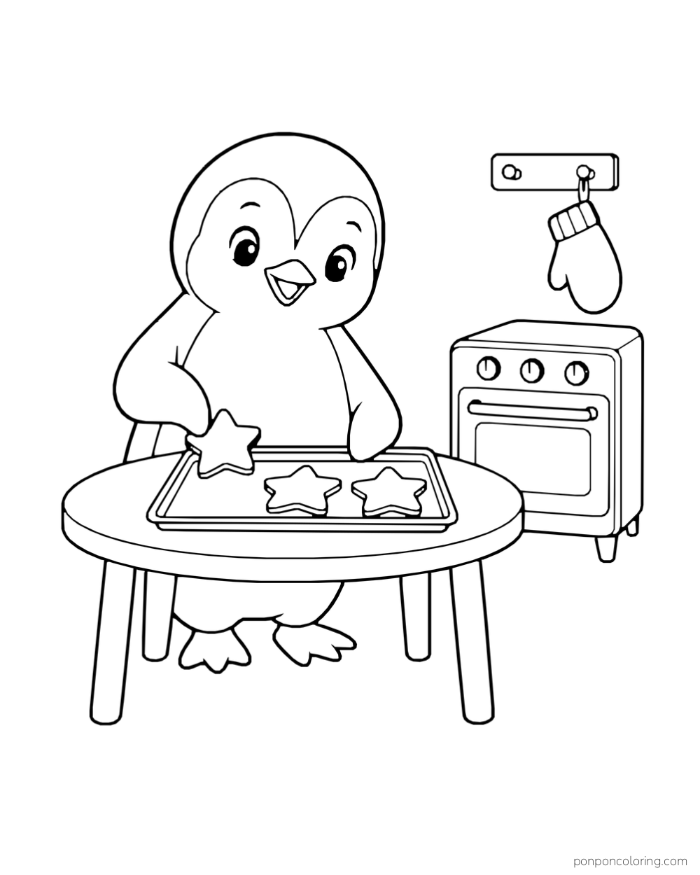 A penguin stands behind a table holding a tray of three star-shaped cookies near an oven.