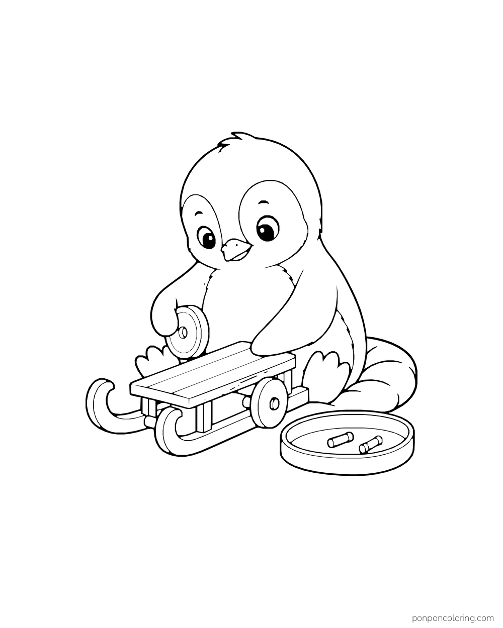 A penguin holds a round wheel beside a small toy sled with runners and a tray of parts.