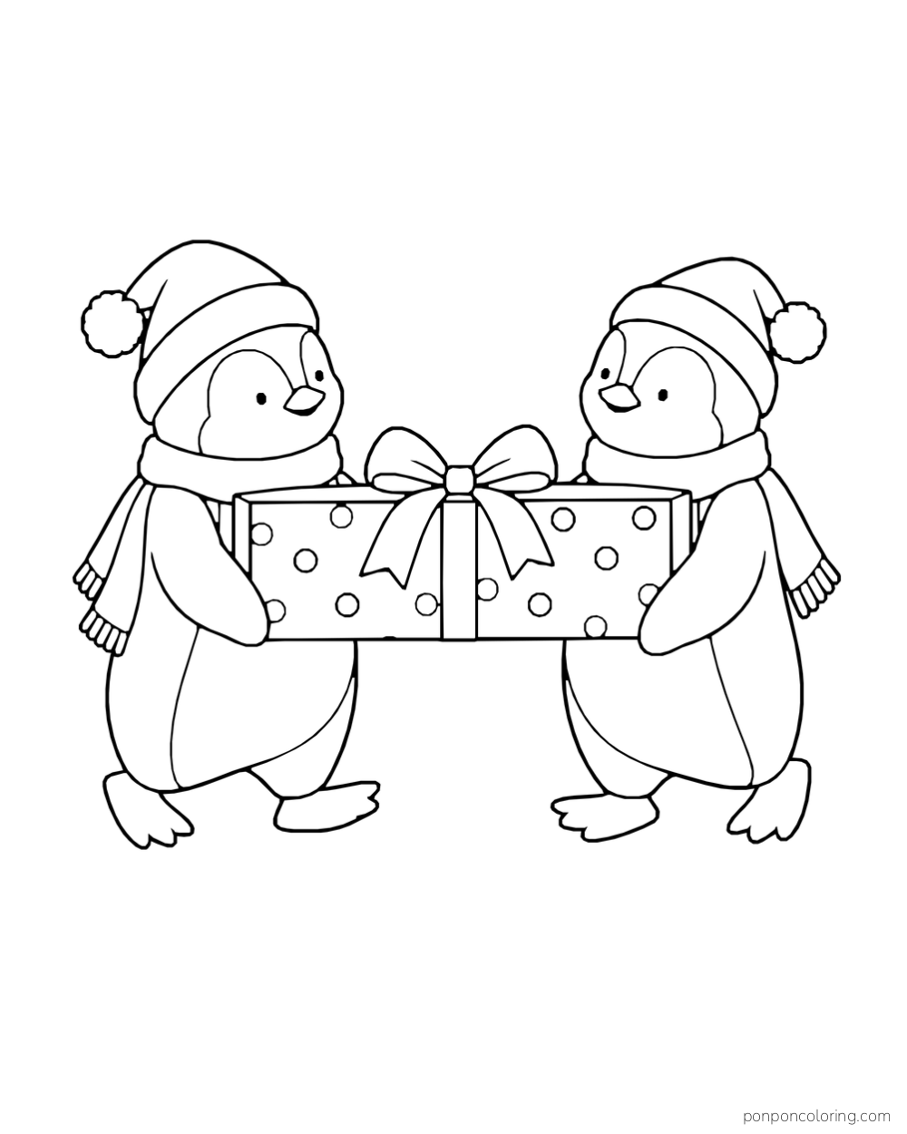 Two penguins in Santa hats and scarves carry a long polka-dot present with a bow.
