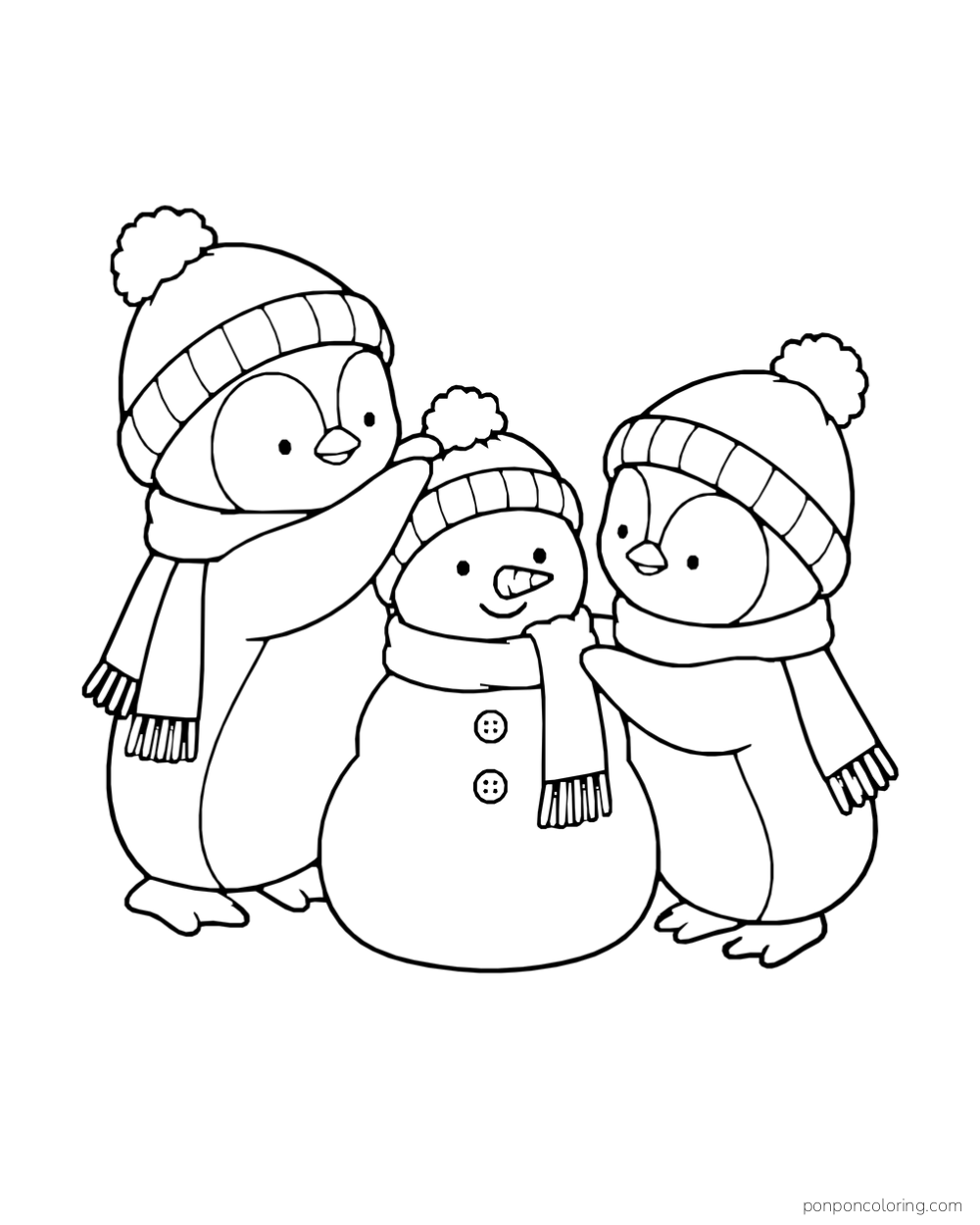Two penguins place a knitted hat and scarf on a small snowman.