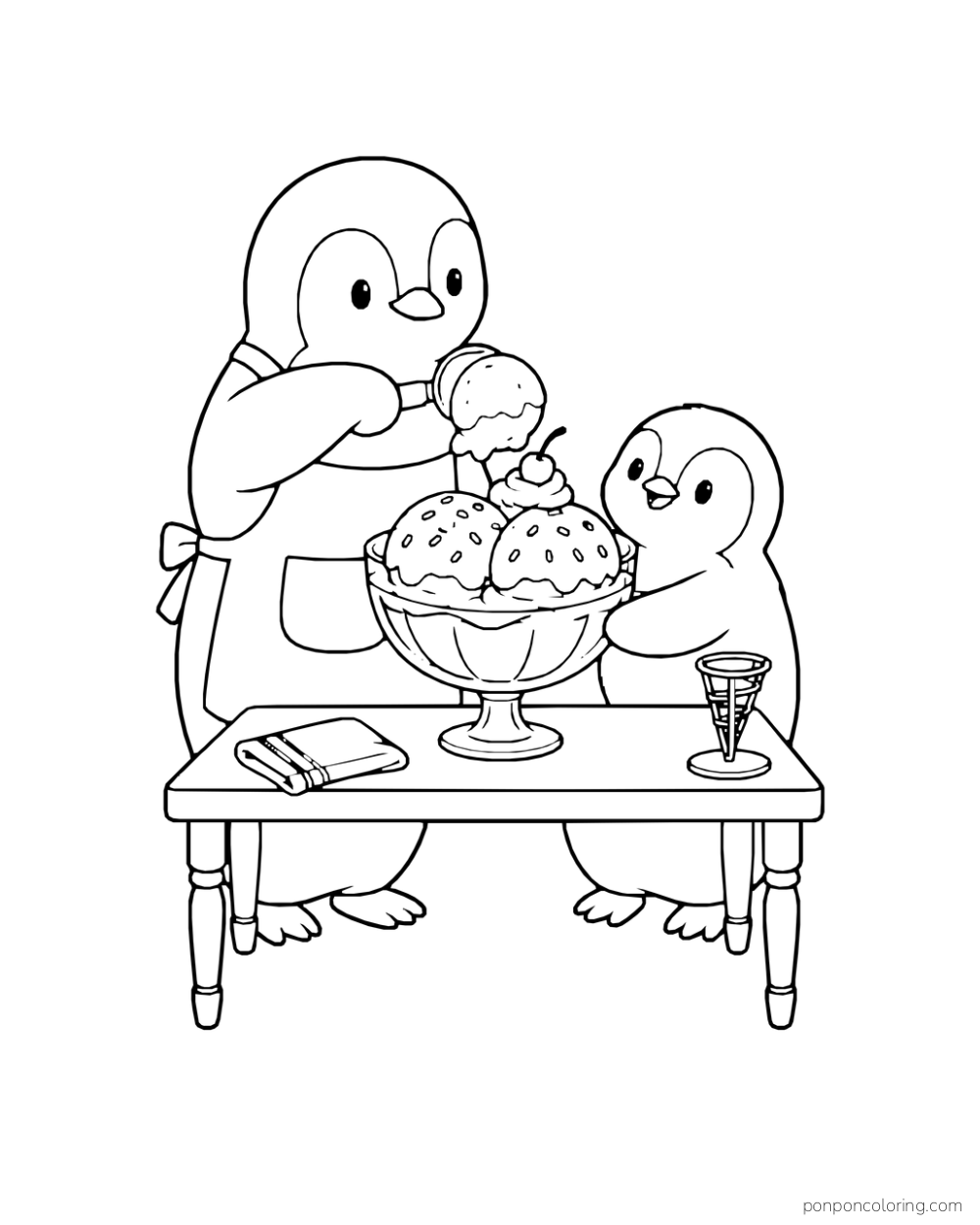 An adult penguin adds a scoop to a sundae while a chick steadies the bowl.
