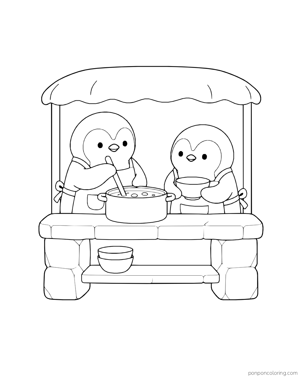 Two penguins in aprons stirring a pot and holding a bowl at a sheltered ice-block counter.