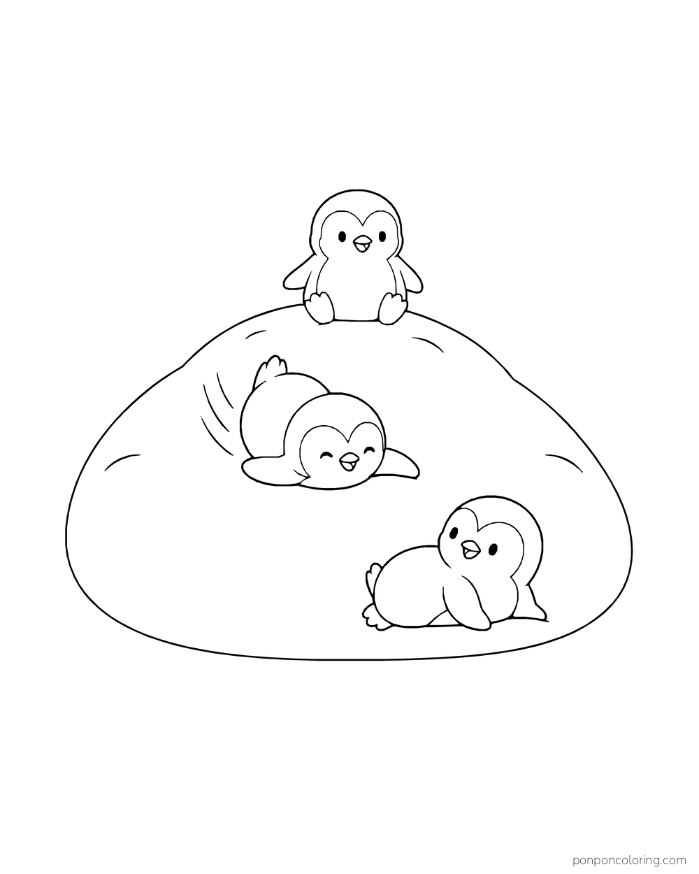 Three penguins sitting, sliding on a belly, and resting on a small snowy slope.
