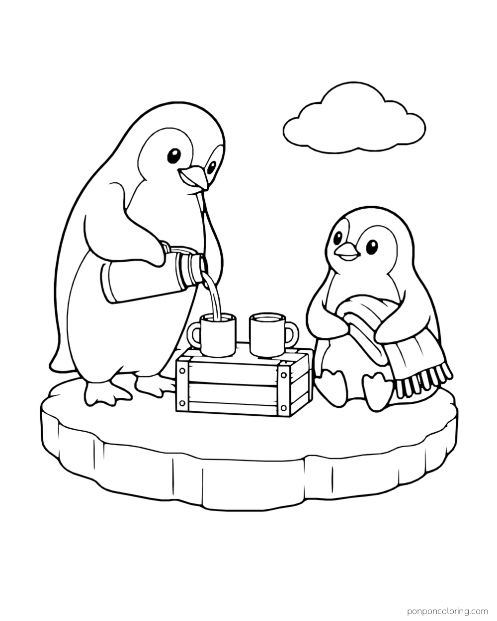 One penguin pours from a thermos into a cup while another sits wrapped in a blanket on a small ice floe.