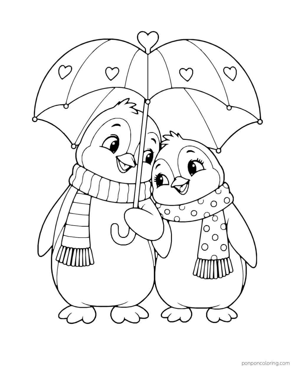 Two penguins wearing different scarves huddle beneath an umbrella decorated with hearts.