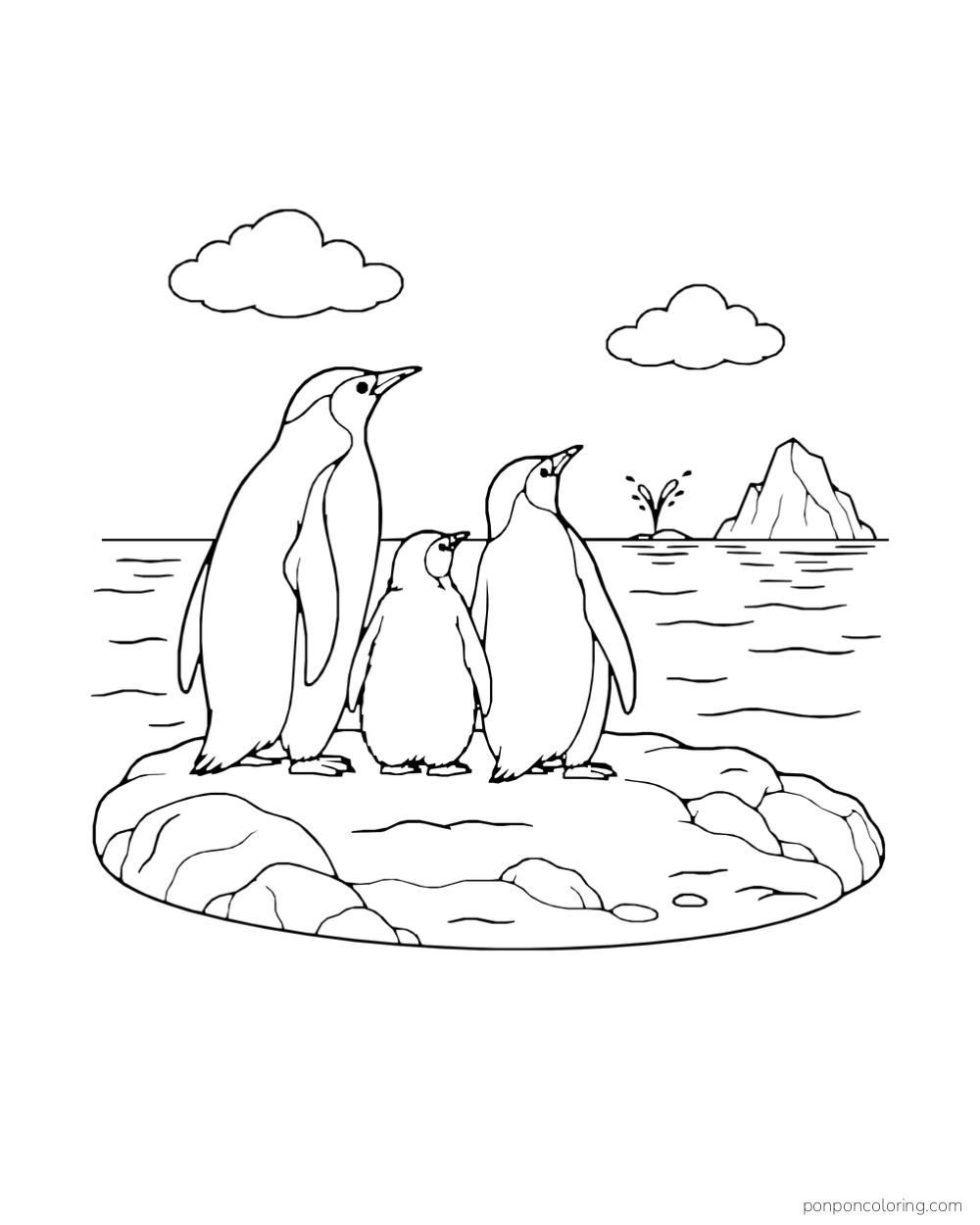 Three penguins stand on a rock beside the sea, with a water spout and iceberg in the distance.