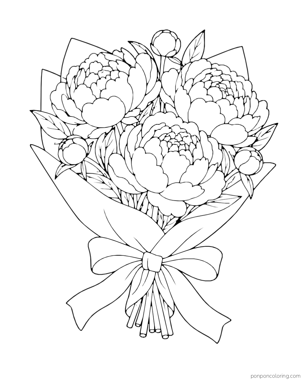 Three open peonies, buds, and leaves are wrapped in paper and tied with a large ribbon bow.