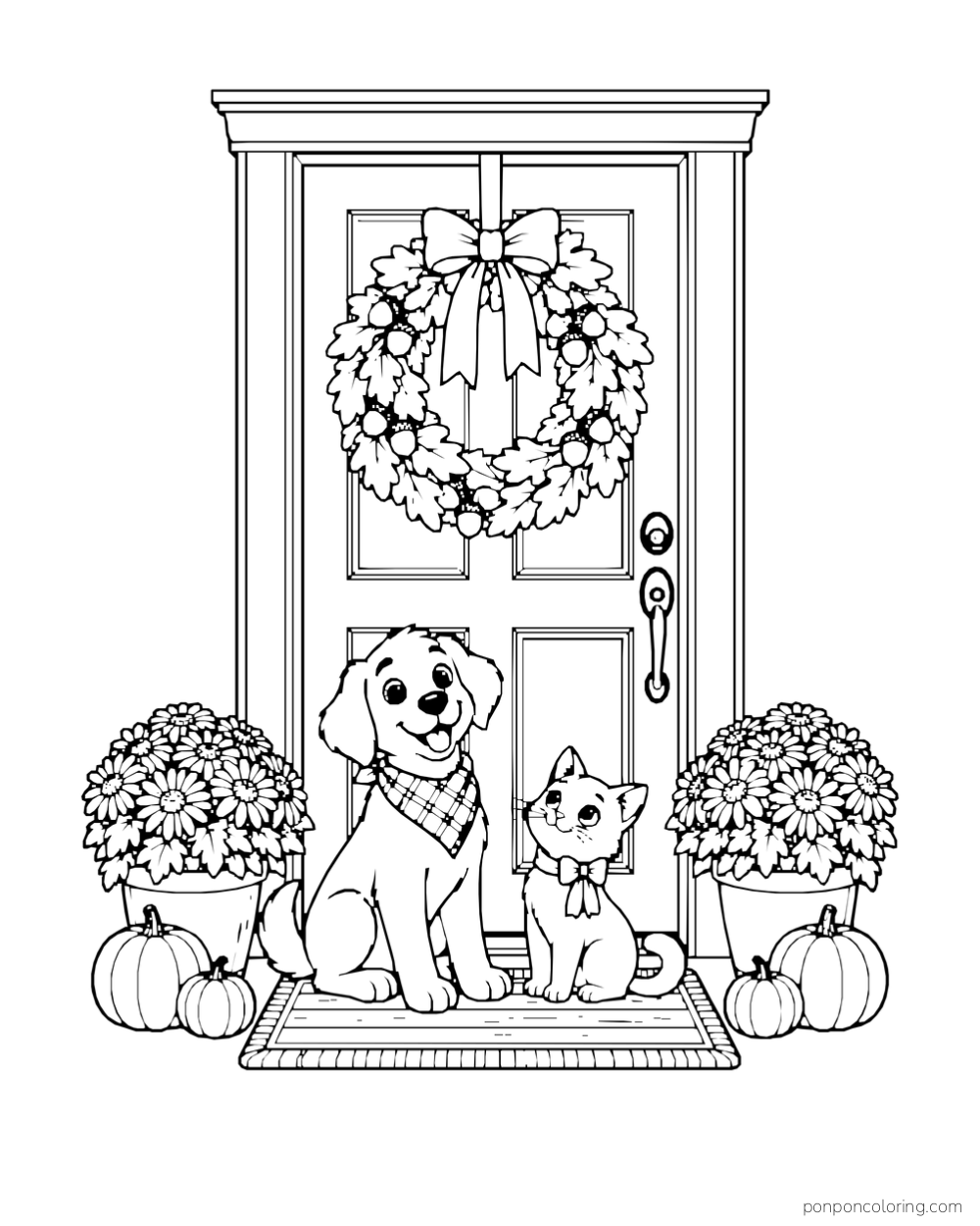 A dog and cat sit at a front door decorated with a fall wreath, flowers, and pumpkins.