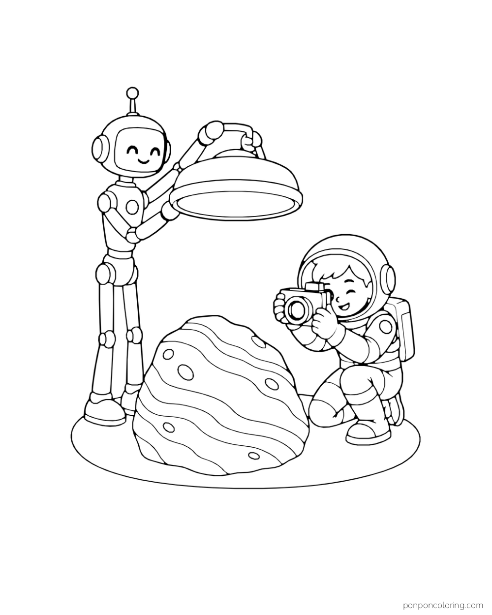 A robot holds a lamp while an astronaut photographs a striped rock.
