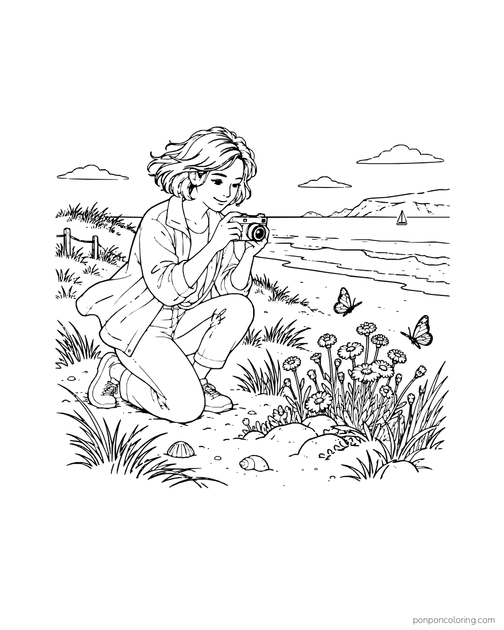 A woman kneels with a camera near seaside flowers and two butterflies.