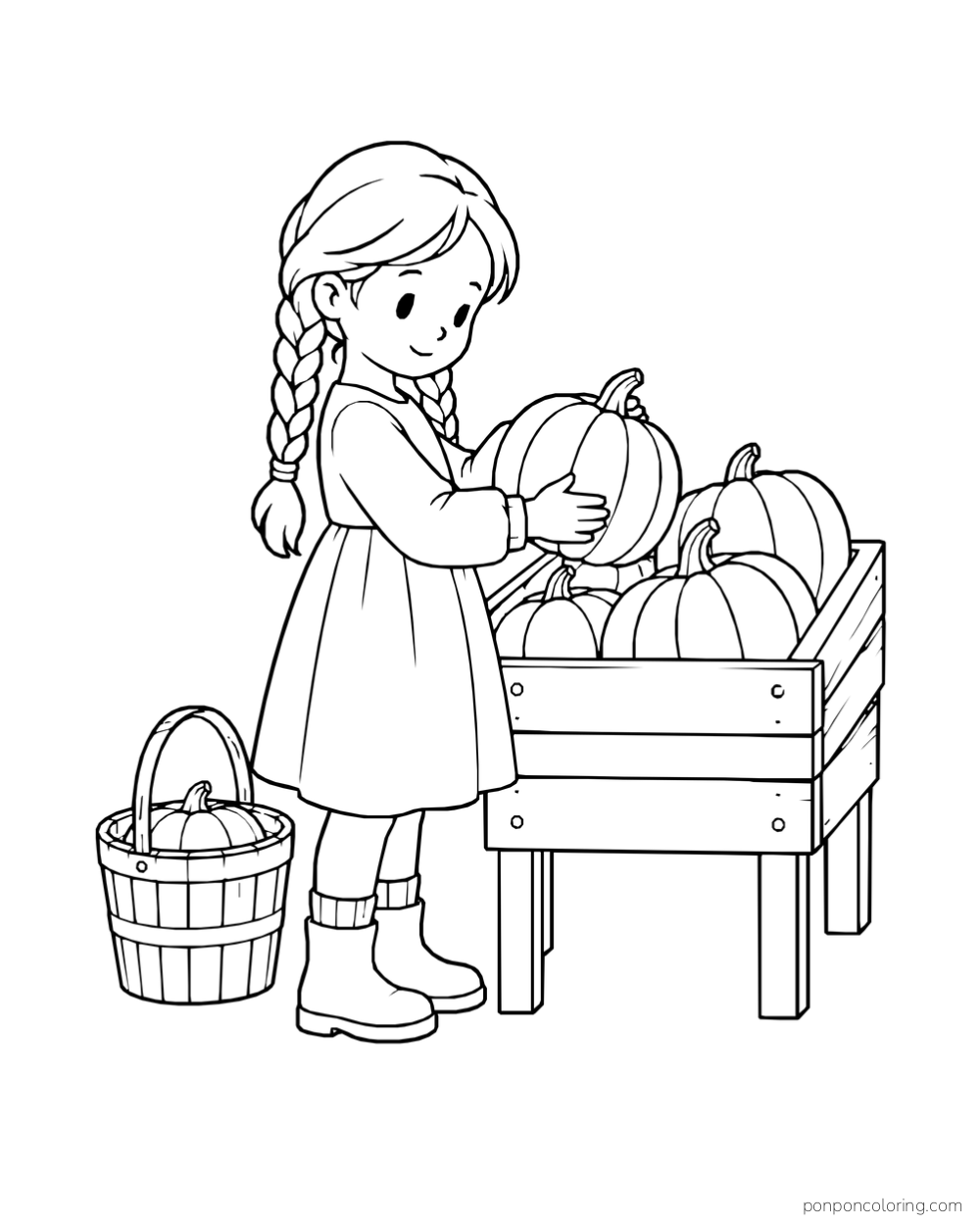 A girl with braids and boots holds a pumpkin beside a raised wooden crate and a basket.