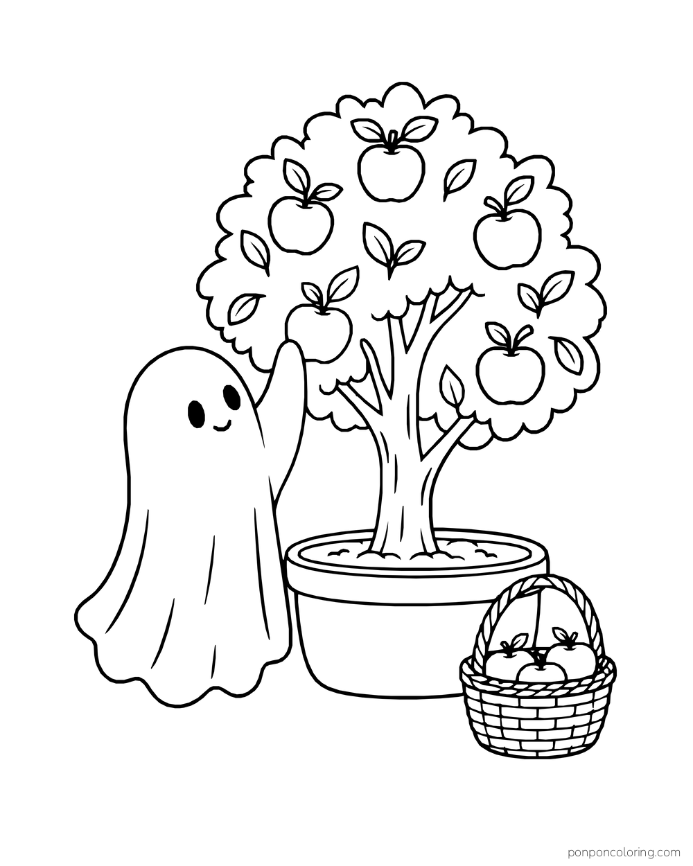 A ghost reaches toward apples on a potted tree beside a full basket.