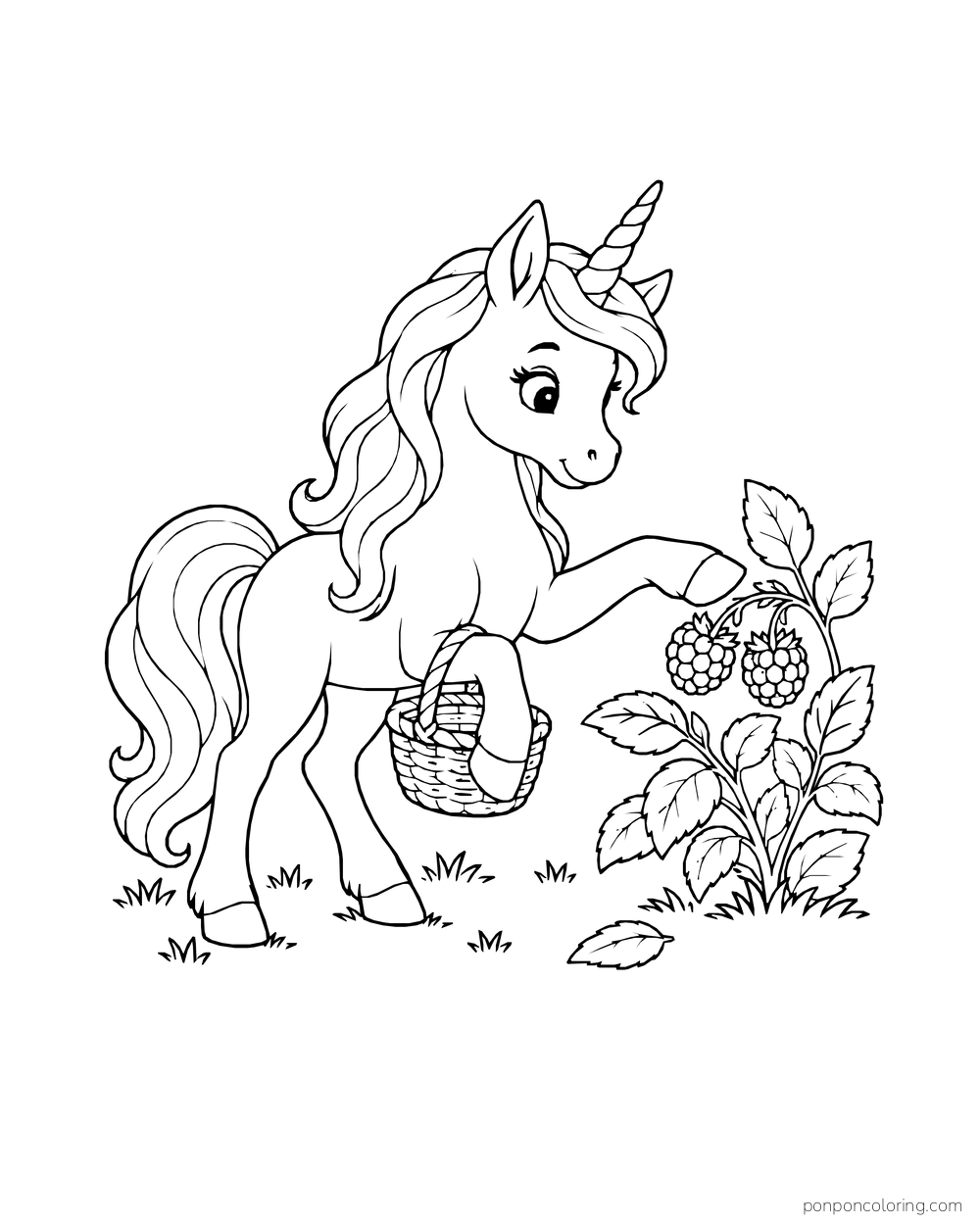 A unicorn reaches toward berries on a bush while carrying a woven basket.