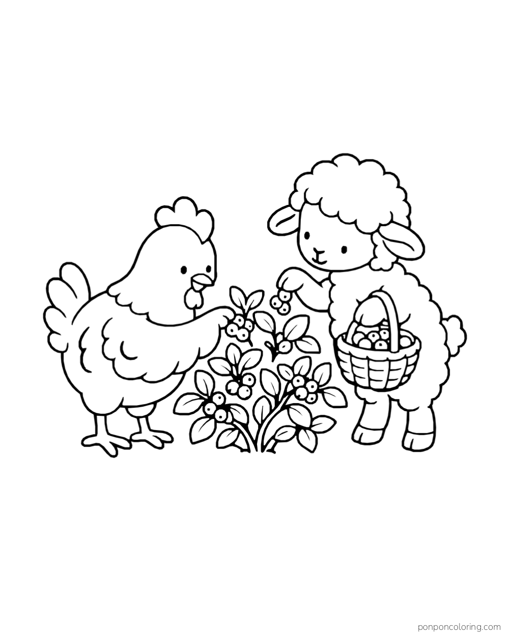 A hen and sheep collect berries from a leafy bush.
