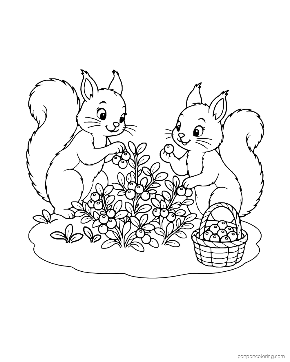 Two squirrels pick berries from a low bush into a basket.