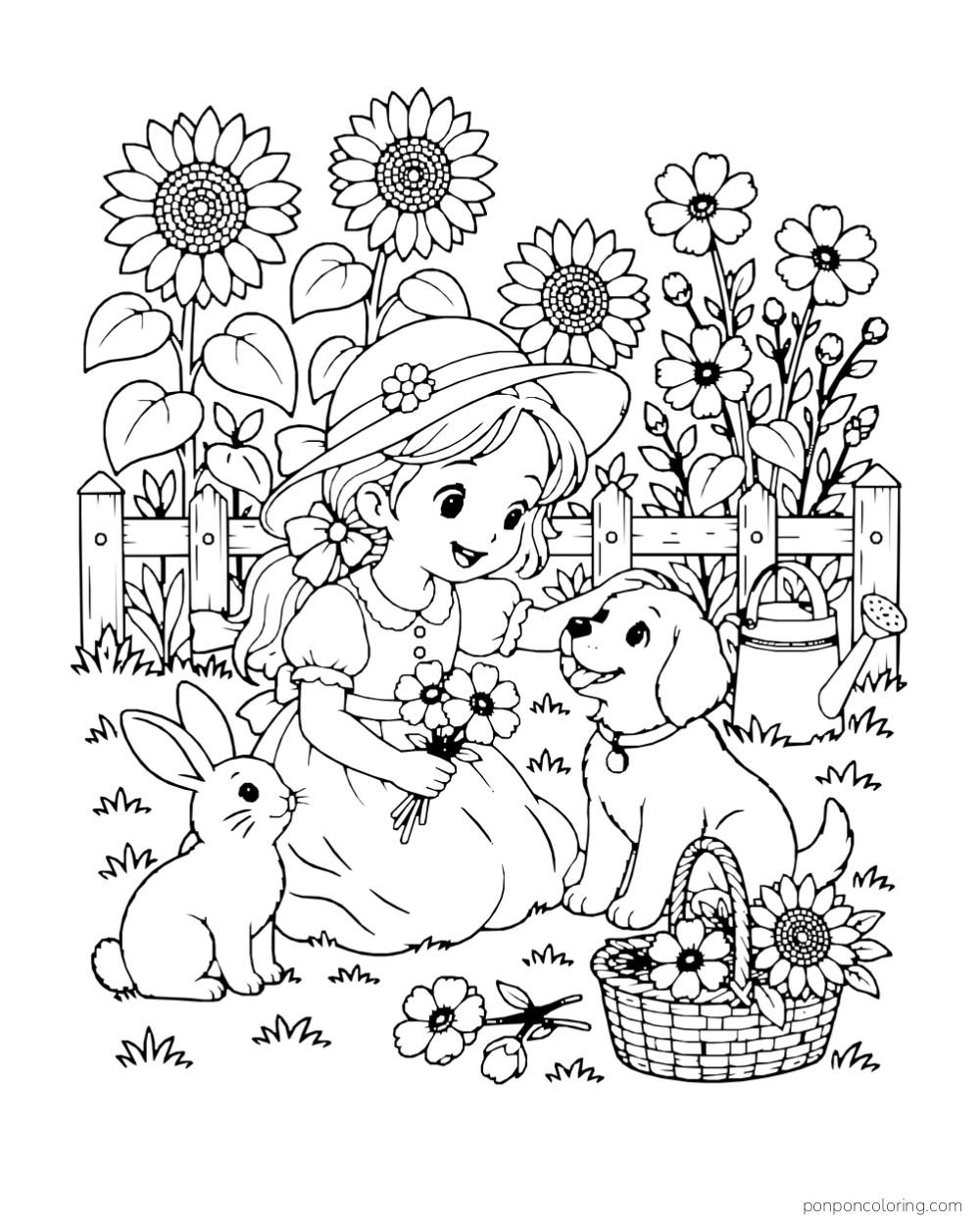 A girl in a sunhat gathers flowers beside a dog, rabbit, and basket in a fenced flower garden.