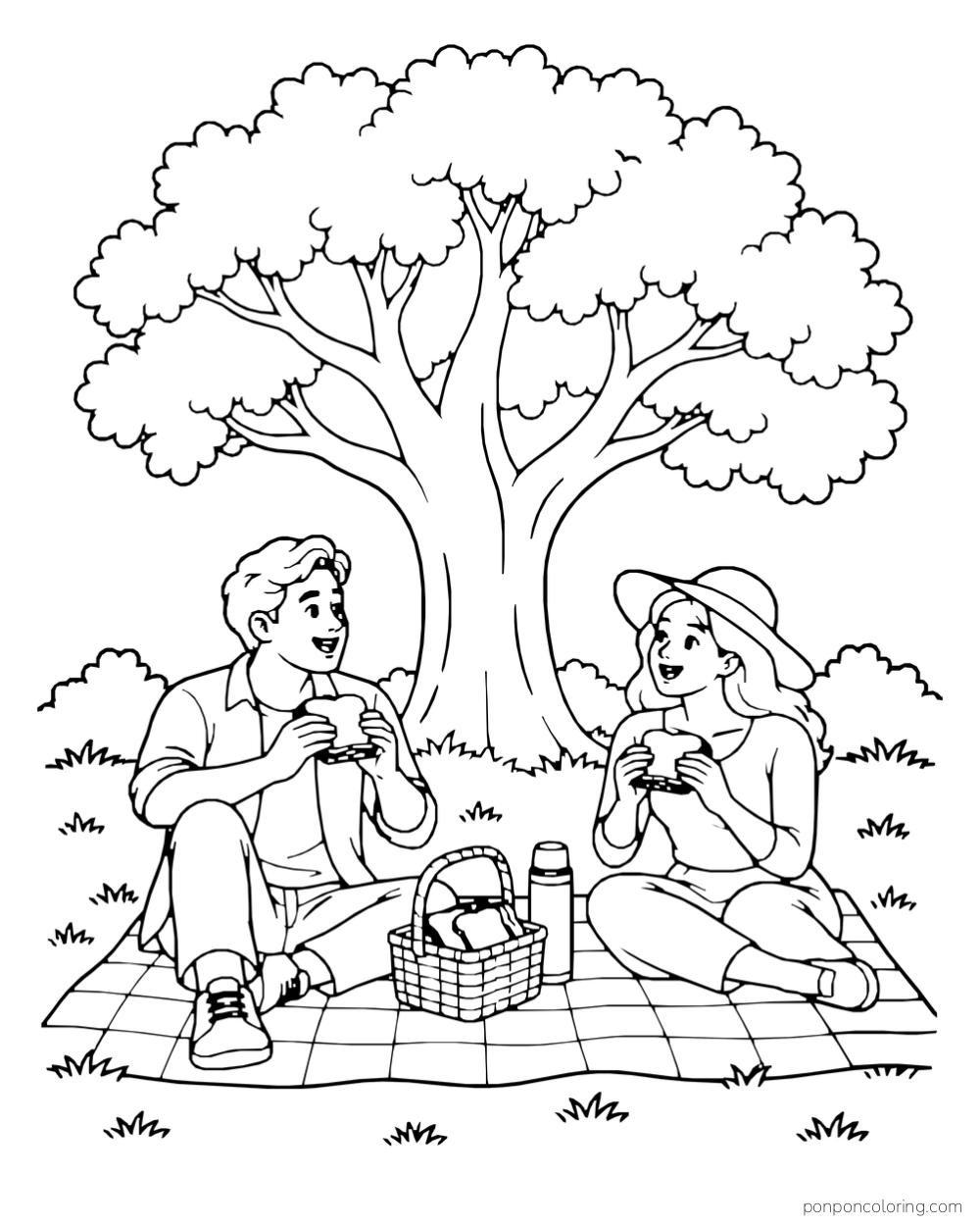 Two adults sit on a blanket beneath a broad tree, holding bread beside a picnic basket.