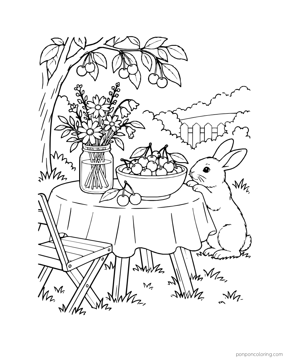 A rabbit waits beside a picnic table holding a bowl of cherries and a flower jar.