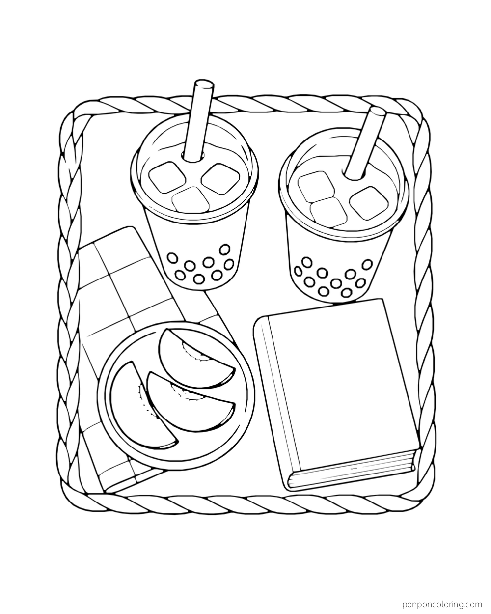 Overhead view of two boba cups, sliced fruit, a folded cloth, and a blank book in a tray.
