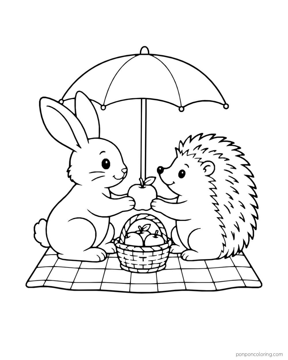 A rabbit and hedgehog share a picnic beneath an umbrella.